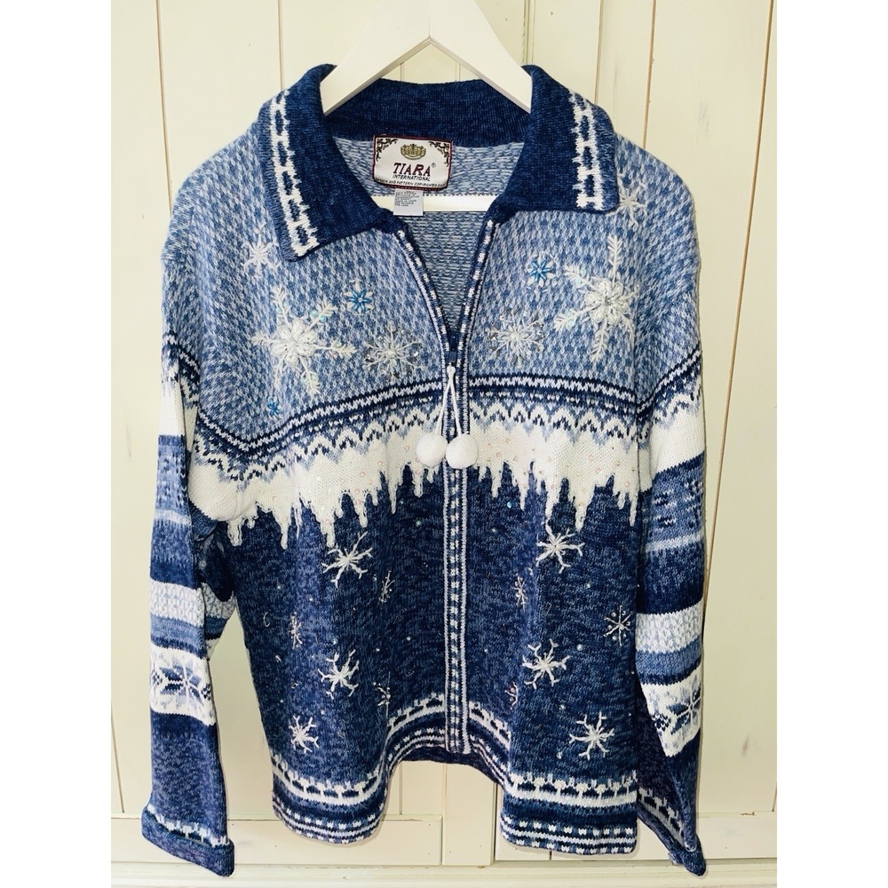 Tiara International Zip Up Cardigan Sweater Women Blue Snowflake Embellished XL